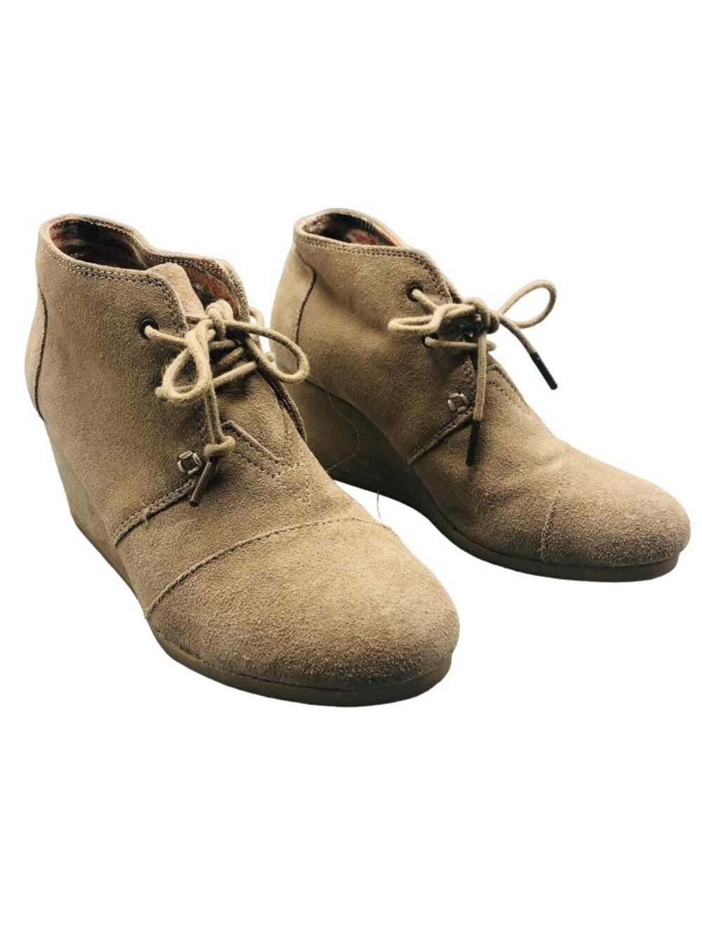 toms beige wedge heels, suede beige heels with matching shoelaces size 9 READ